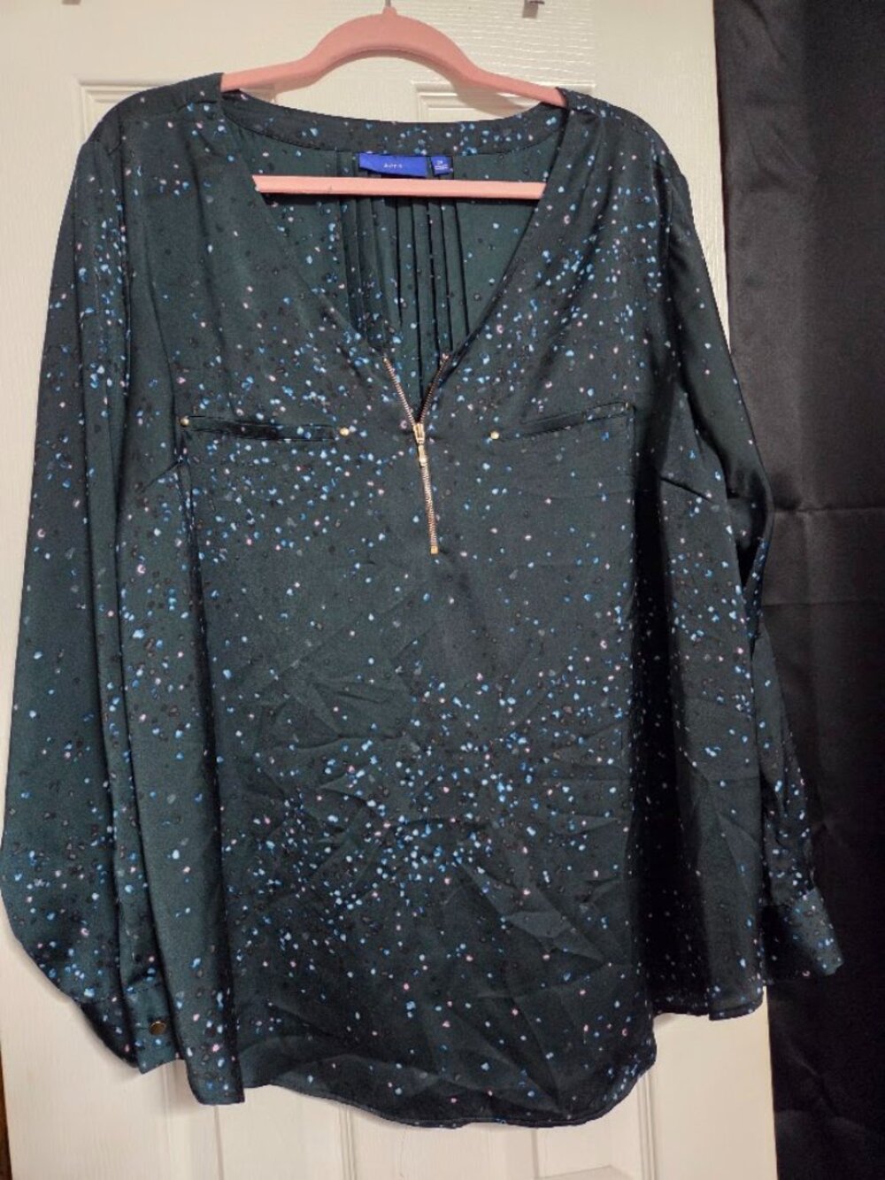 Apt 9 2X Dark Teal Printed Zip Front Blouse Gold Hardware NWOT